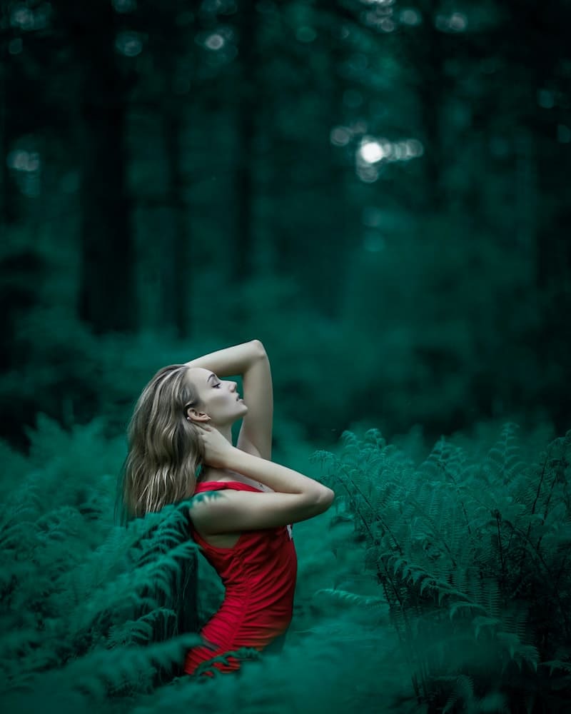 mulher vestida de vermelho na floresta